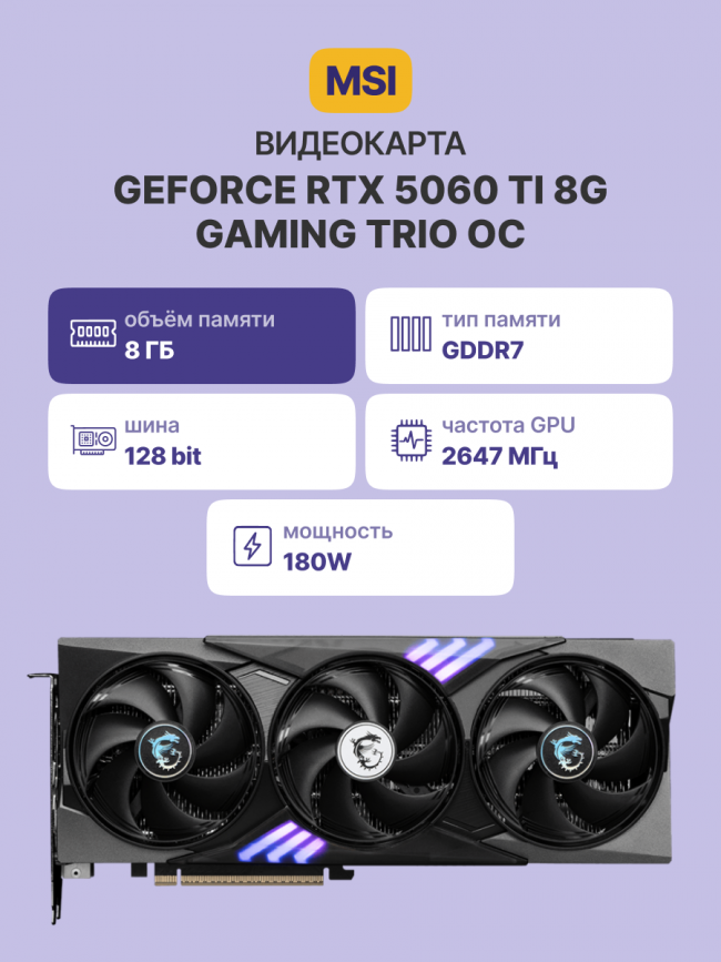 Видеокарта MSI GeForce RTX 5060 Ti 8G GAMING TRIO OC — для бизнеса и офиса