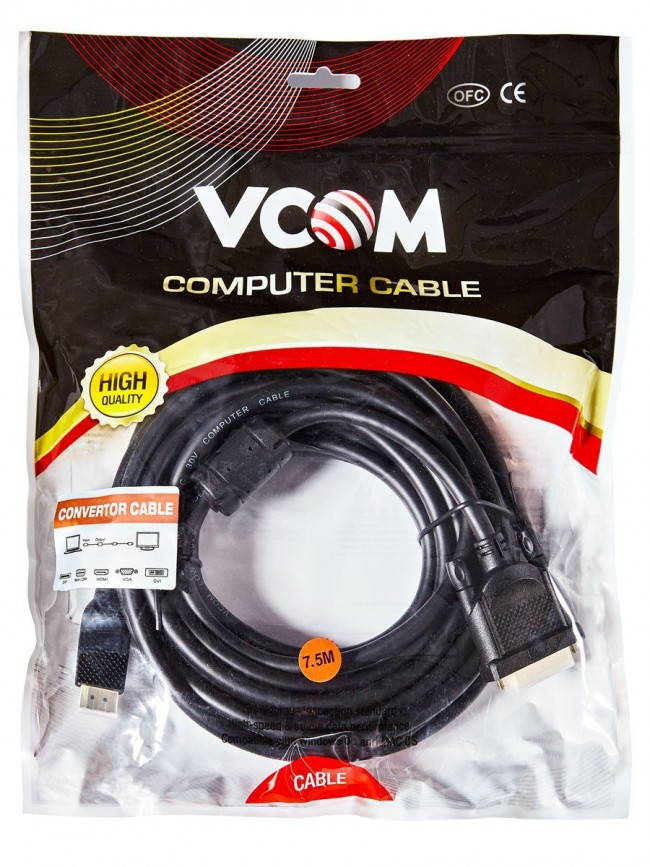Кабель HDMI AM/DVI(24+1)M, 7.5м, CU, 1080P@60Hz, 2F, VCOM <CG484G-7.5M> VCOM HDMI (m) - DVI-D (m)