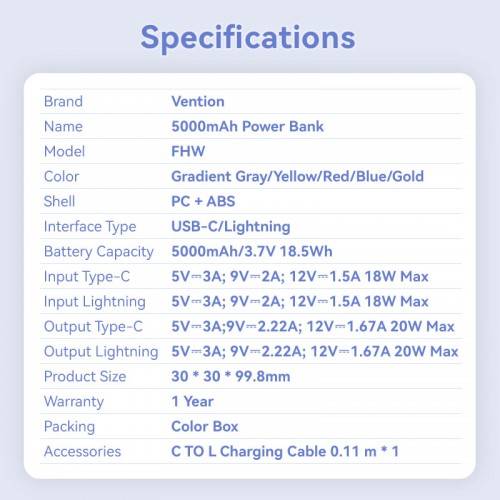 Power Bank Vention 5000mAh(USB-C + Lightning) 20W Серо-белый, шт. Vention FHWM0 — для бизнеса и офиса Power Bank Vention 5000mAh(USB-C + Lightning) 20W Серо-белый, шт. Vention FHWM0 — для бизнеса и офиса