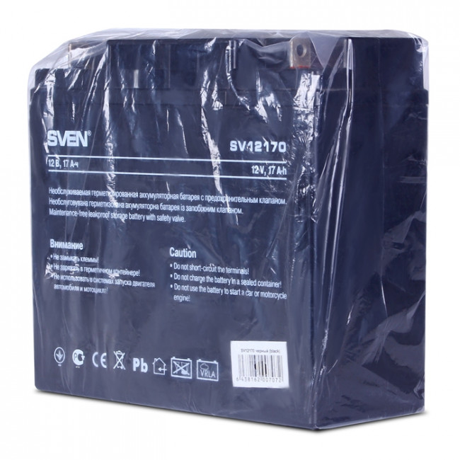 Батарея SVEN SV 12170 (12V 17Ah), напряжение 12В, емкость 17А*ч, макс. ток разряда 225А, макс. ток заряда 5.1А, свинцово-кислотная типа AGM, тип клемм T1 Sven SV12170