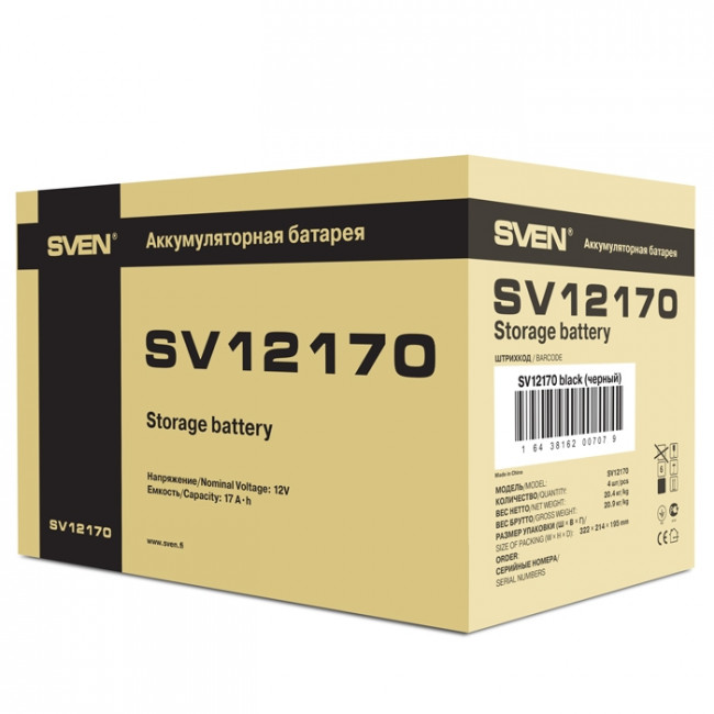 Батарея SVEN SV 12170 (12V 17Ah), напряжение 12В, емкость 17А*ч, макс. ток разряда 225А, макс. ток заряда 5.1А, свинцово-кислотная типа AGM, тип клемм T1 Sven SV12170