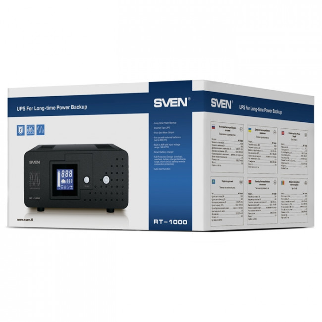ИБП SVEN RT-1000, линейно-интерактивный непрерывного действия с длительным временем резервирования, автоматический стабилизатор напряжения, 600Вт, 1000Ва, 2 евророзетки, аккумуляторные батареи в комплект не входят, 300мм x 270мм x 140мм, 9.9 кг SVEN RT-10 ИБП SVEN RT-1000, линейно-интерактивный непрерывного действия с длительным временем резервирования, автоматический стабилизатор напряжения, 600Вт, 1000Ва, 2 евророзетки, аккумуляторные батареи в комплект не входят, 300мм x 270мм x 140мм, 9.9 кг SVEN RT-10