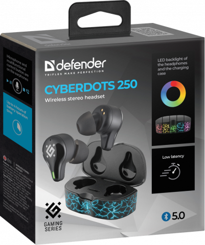 Defender Беспроводная гарнитура CyberDots 250 черный, игровые TWS, Bluetooth Defender 63250 — для бизнеса и офиса