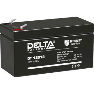Батарея DELTA серия DT, DT 12012, напряжение 12В, емкость 1.2Ач (разряд 20 часов),  макс. ток разряда (5 сек.) 19.5А, макс. ток заряда 0.36А, свинцово-кислотная типа AGM, клеммы F1, ДxШxВ 97х45х52мм., вес 0.55кг., срок службы 5 лет. Delta DT 12012 (12V / 