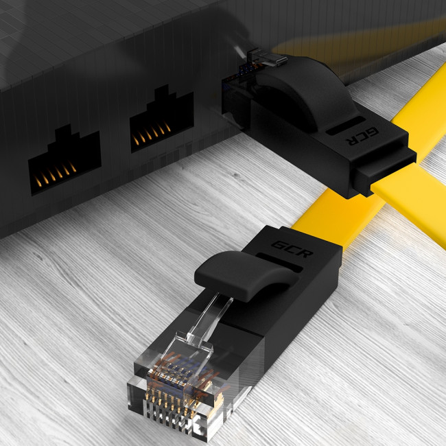 GCR Патч-корд PROF плоский прямой 1.0m, UTP медь кат.6, желтый+черный, 30 AWG, ethernet high speed 10 Гбит/с, RJ45, T568B, GCR-52092 Greenconnect GCR-52092