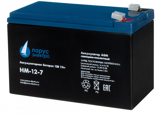 Батарея Парус Электро, стандартная серия HM-12-7, напряжение 12В, емкость 7.2Ач (разряд 20 часов), макс. ток разряда (5сек) 105А, макс. ток заряда 2.88А, свинцово-кислотная типа AGM, клеммы F2, ДхШхВ 151х65х94мм., полная высота с клеммами 100мм., вес 2.4к
