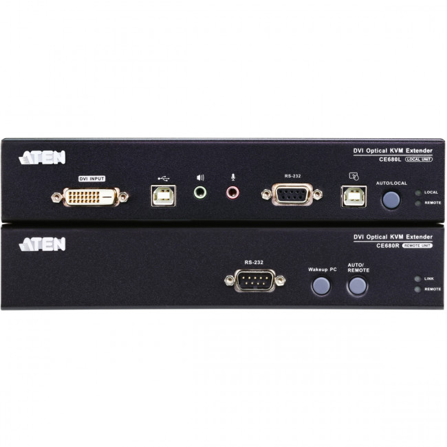Удлинитель/extender, DVI-D+AUDIO+RS232, 20 км., 1xОптич.волокно одномод./singlemode 1310/1550нм, DVI-D+2xMINIJACK+DB9+LС+2xUSB А-Тип+2xUSB B-Тип, F, без шнуров, 2xБ.П. 220> 5.3V, (до 1920x1200 60Hz;HDTV 720p/1080p;HDCP) ATEN CE680