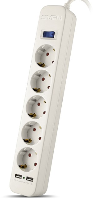 Фильтр SVEN SF-05LU 1,8 м (5 евро розеток,2 USB) белый, цветная коробка Sven SF-05LU