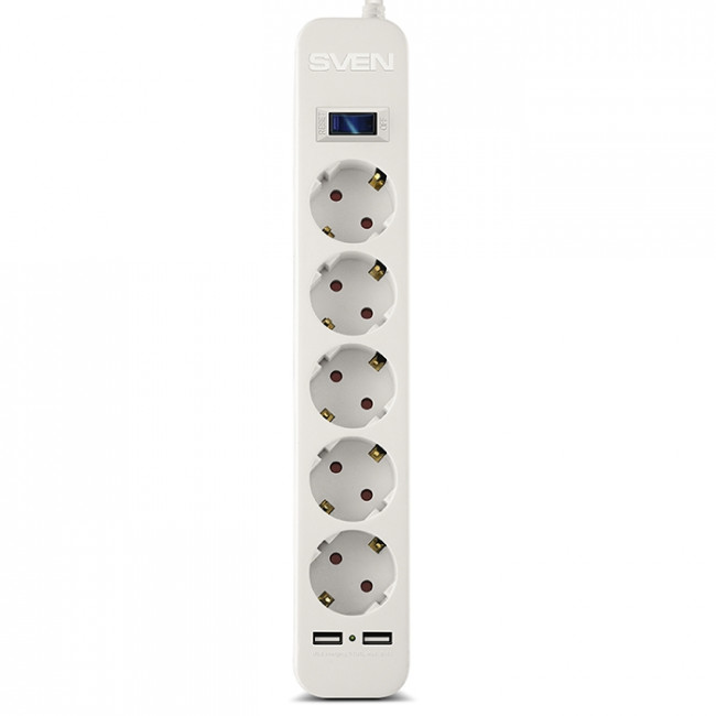 Фильтр SVEN SF-05LU 1,8 м (5 евро розеток,2 USB) белый, цветная коробка Sven SF-05LU