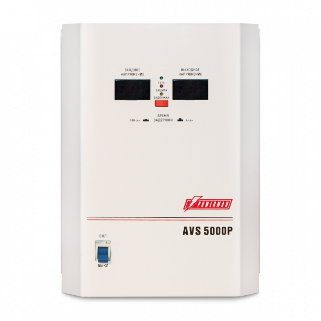 Стабилизатор POWERMAN AVS 5000P, ступенчатый регулятор, цифровые индикаторы уровней напряжения, 5000ВА, 110-260В, максимальный входной ток 32А, клеммная колодка, IP-20, навесной,  260мм х 220мм х 130мм, 9 кг. POWERMAN AVS 5000P